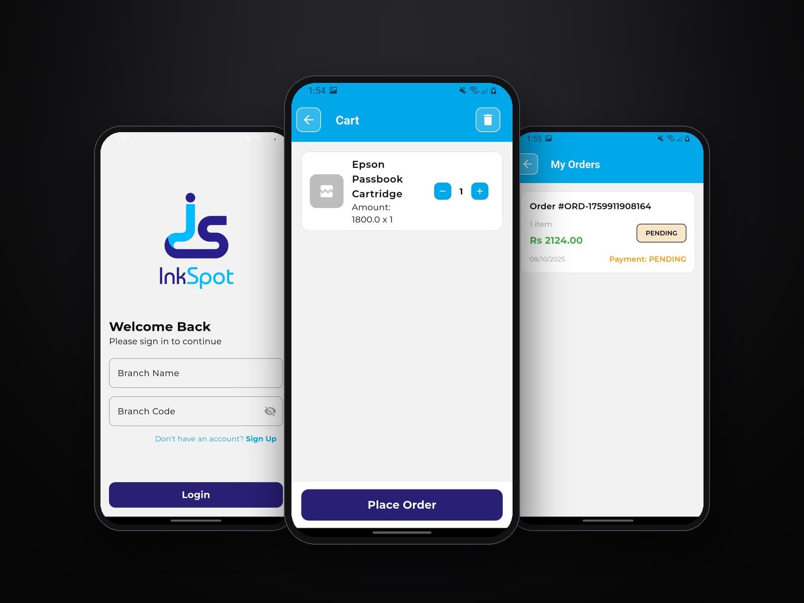Three InkSpot Android screens: branch login, the cart with a passbook cartridge, and an order with pending status