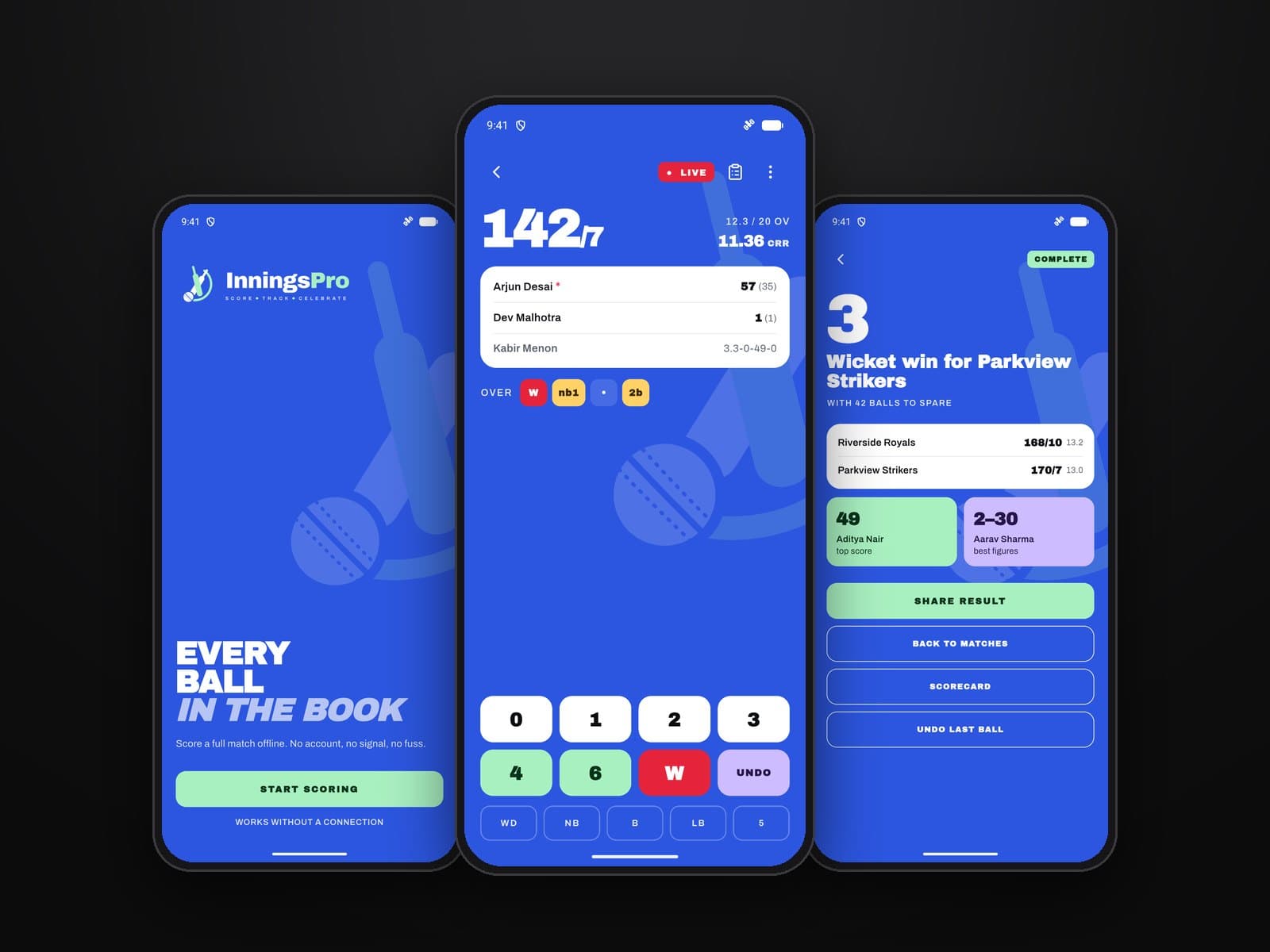 Three InningsPro screens: the welcome screen, live ball-by-ball scoring and a match result