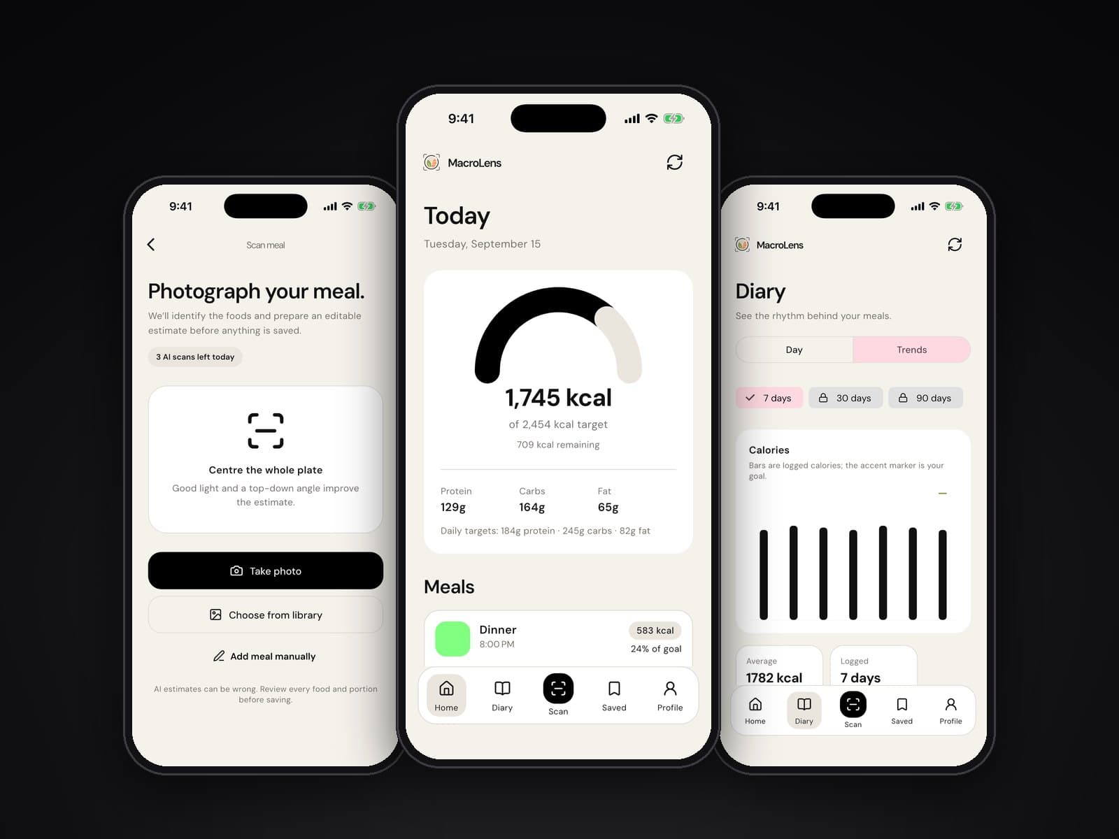 Three MacroSight iPhone screens: meal scan, today’s calorie dashboard and weekly calorie trends