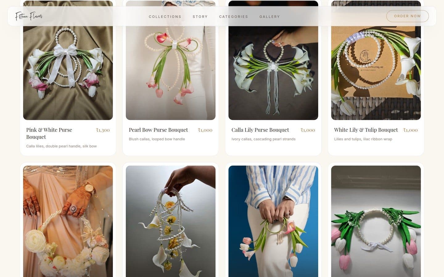 Collection grid of purse bouquets with names and prices
