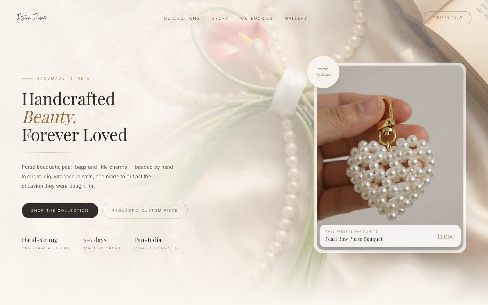 Fifteen Flowers home page hero: Handcrafted Beauty, Forever Loved, with pearl bouquet photography