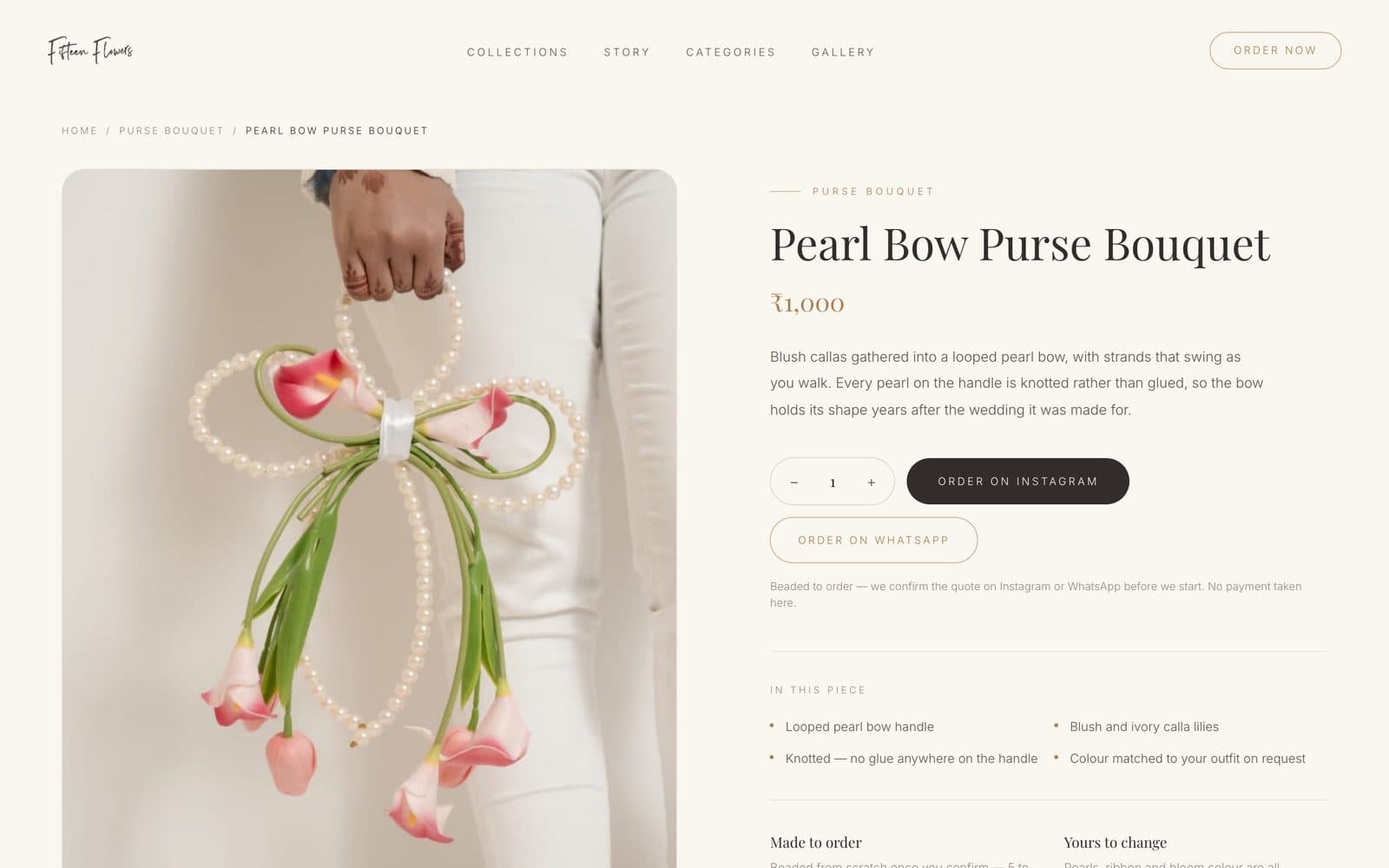 Pearl Bow Purse Bouquet product page with price and Instagram and WhatsApp order buttons
