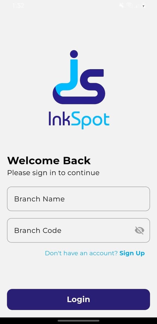 InkSpot login screen asking for branch name and branch code
