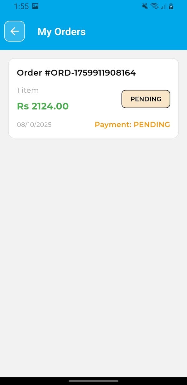 My Orders screen showing an order total of Rs 2124 with pending order and payment status