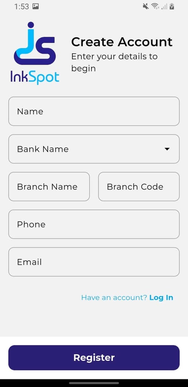 Create account screen with name, bank, branch name, branch code, phone and email
