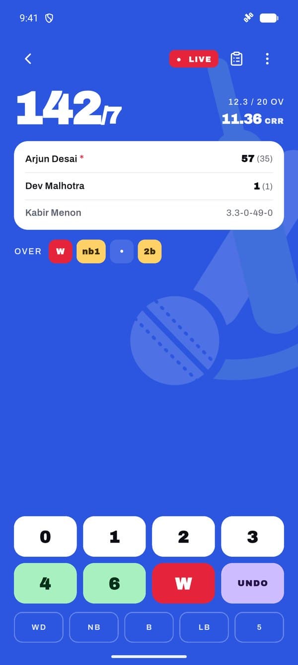 Live scoring screen showing 142 for 7 after 12.3 overs, current batters and bowler, and the scoring pad