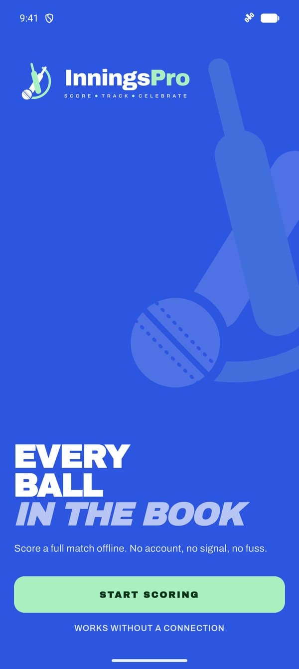 InningsPro welcome screen: Every ball in the book, with a start scoring button