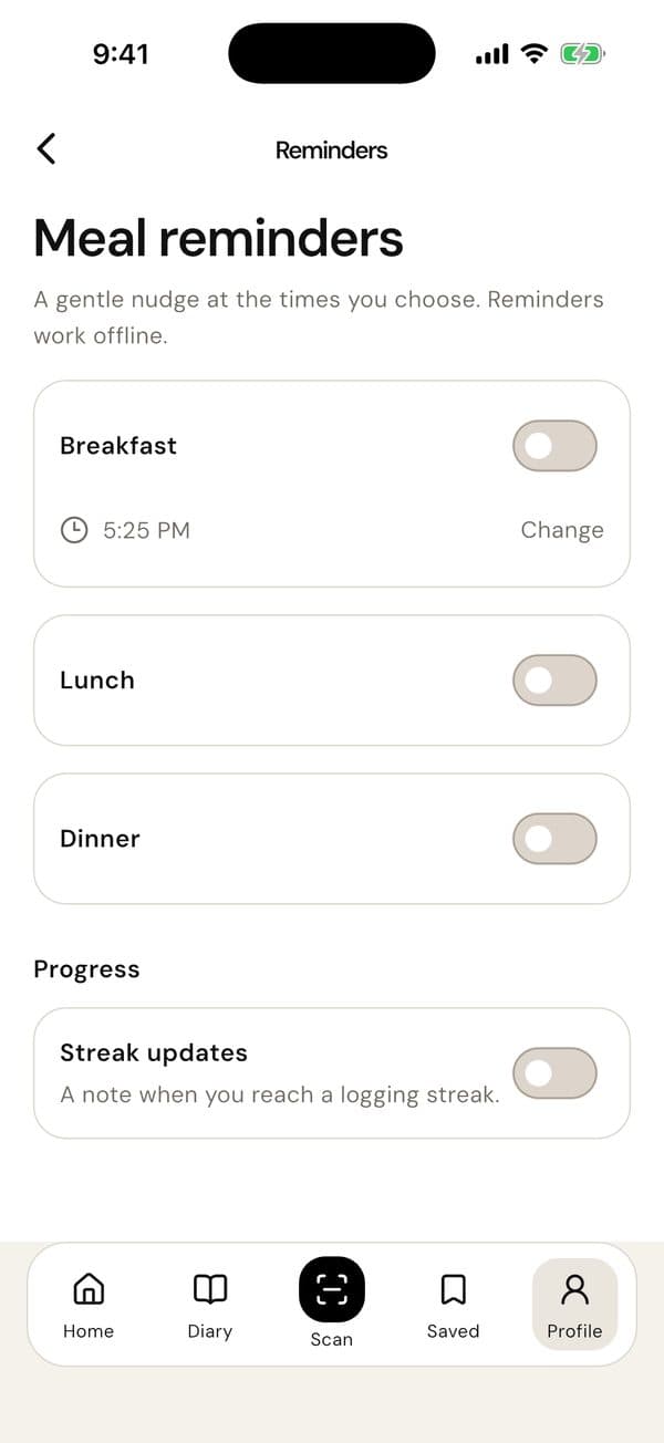 Meal reminders settings for breakfast, lunch, dinner and streak updates
