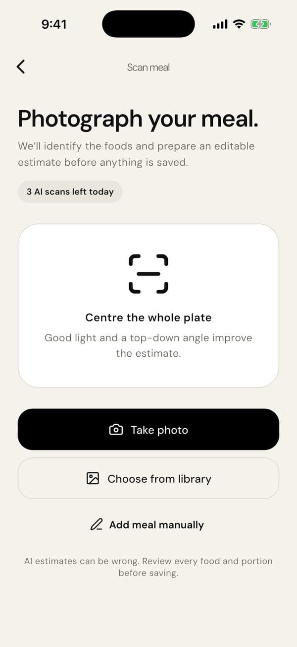 Scan meal screen with take photo, choose from library and add manually options