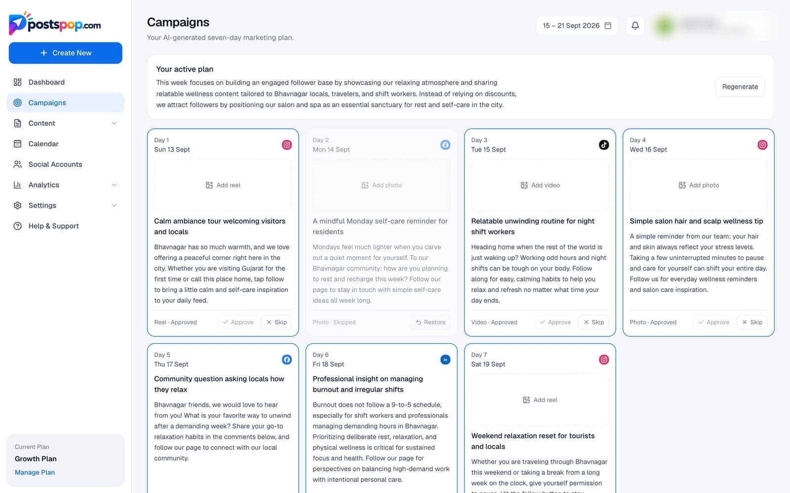 Campaign page showing an AI-generated seven-day plan with approve and regenerate actions per post