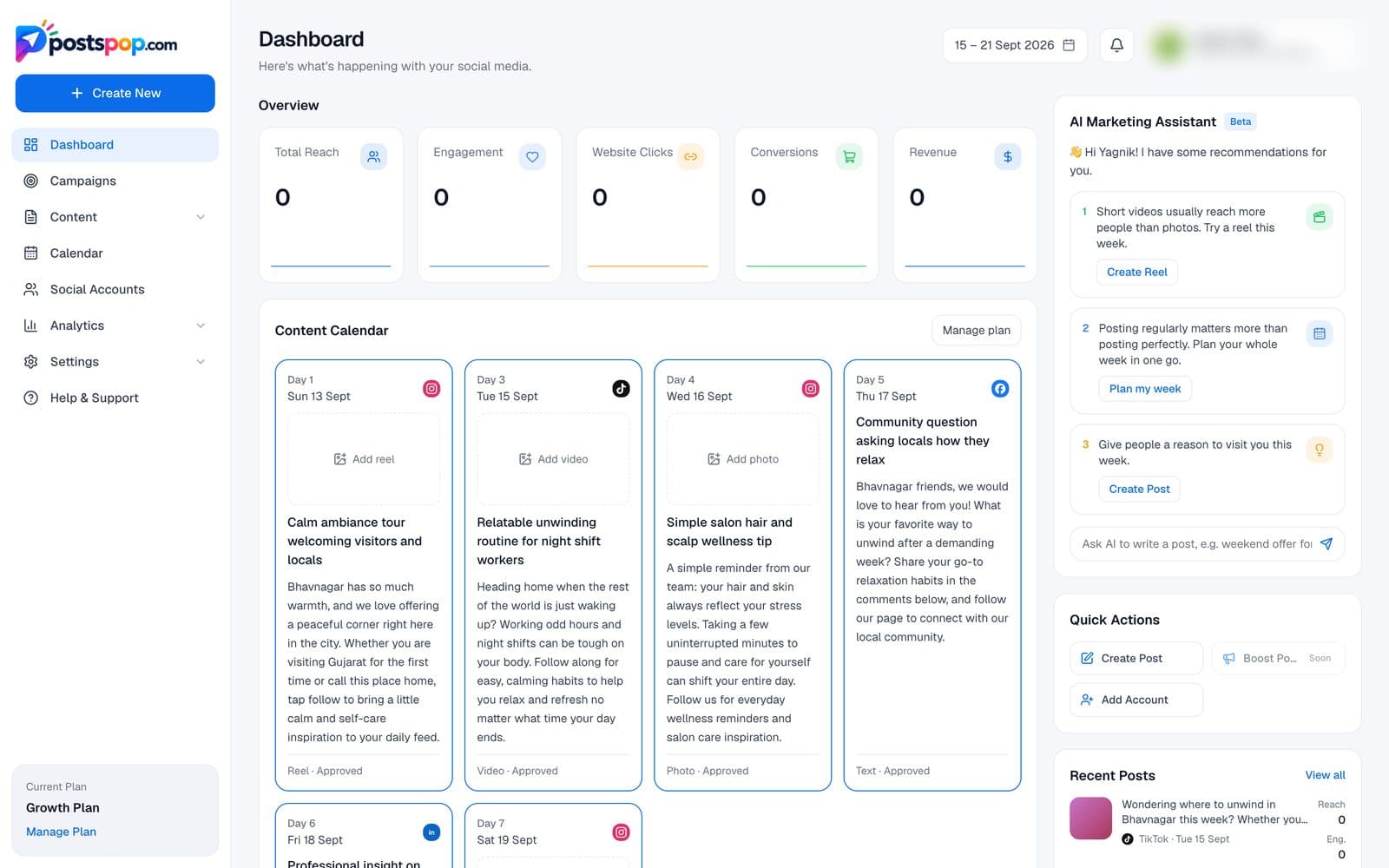 PostsPop dashboard with overview metrics, an AI-generated content calendar and the AI marketing assistant