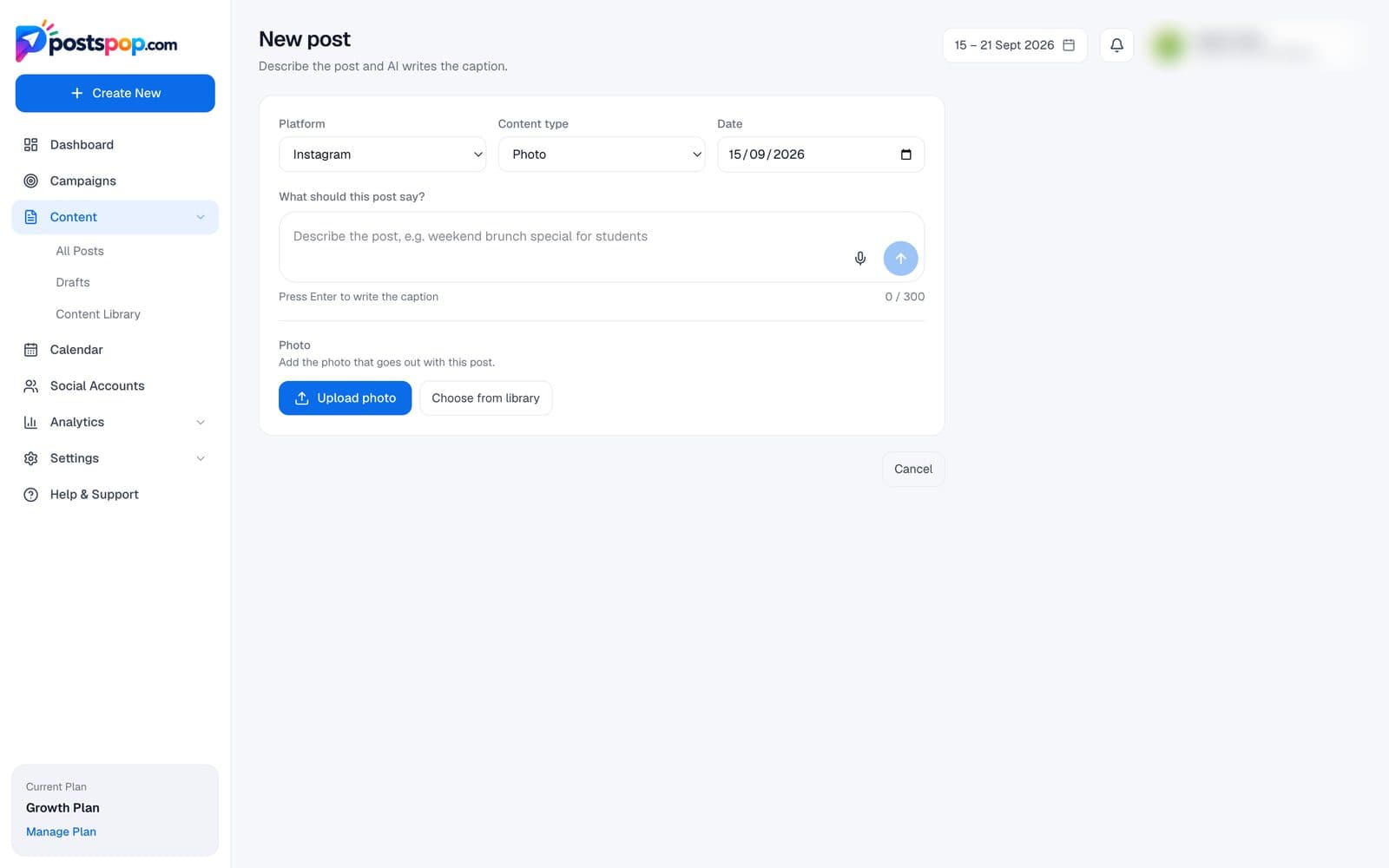New post editor with platform, content type, date, a prompt box for AI captions and photo upload
